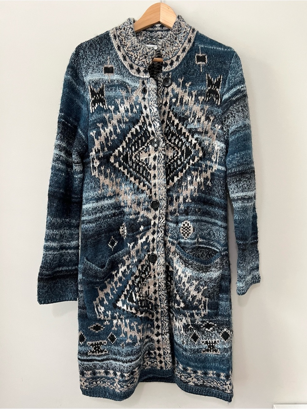 J. Jill Southwestern Aztec Long Cardigan Sweater Duster Blue Boho Knit Jacket S - Picture 2 of 10